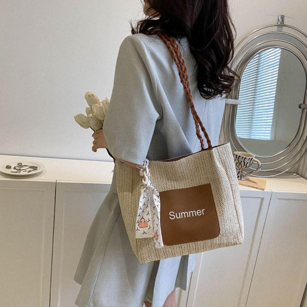Ribbon Beach Shoulder Bag Balletcore Women Handbag Portable Straw Woven Tote Bag  Travel