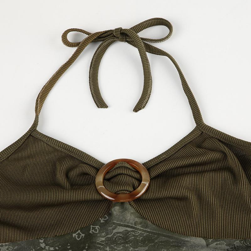 Женская майка с винтажным принтом, неровным подолом и висячим воротом, дизайнерская трикотажная лоскутная подтяжка