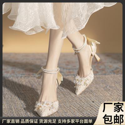 Весна и осень новые туфли с бантом на высоком каблуке темпераментные туфли с жемчужной цепочкой и острым носком принцессы детские универсальные туфли для женщин