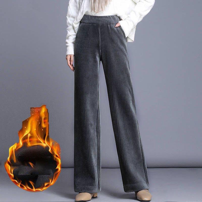 Fleecing Plush Thick Warm Letter Stripes High Waist Corduroy Straight OL Wide Leg Long Pant Women Winter Casual Trouser Clothing