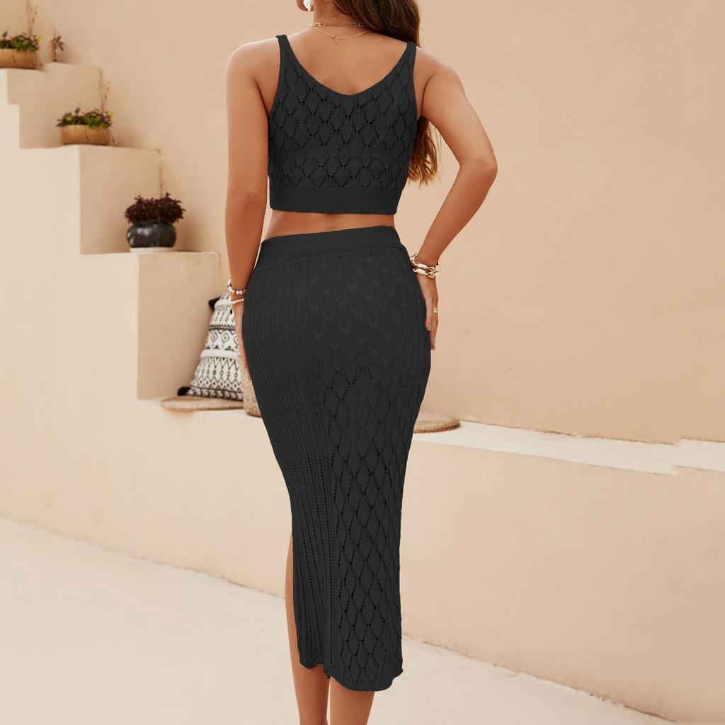 Женский однотонный жилет в полоску с ромбами из двух частей, длинная юбка с небольшим разрезом для женщин