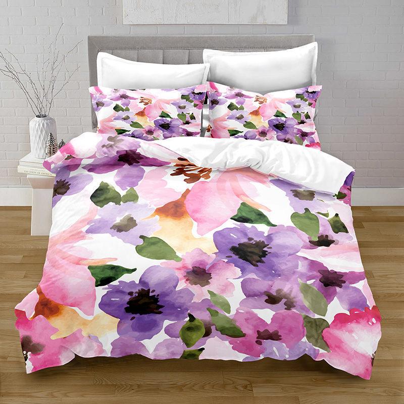 Flowers Duvet Cover King Queen Watercolor Floral Bedding Set Colorful Flowers Green Leaf Bird Polyester Quilt Cover for Women