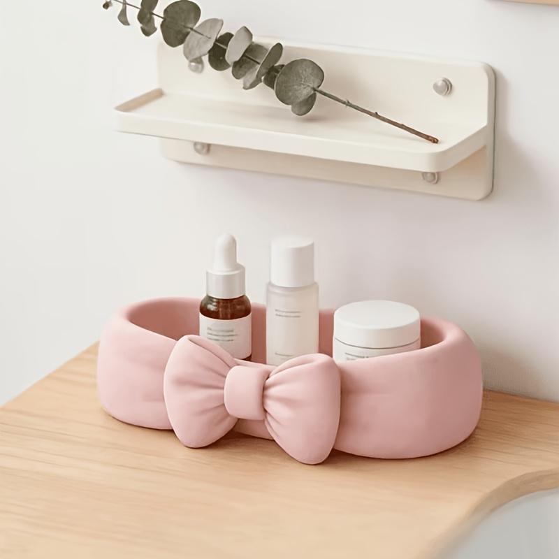 Cute Bow Bathroom Desk Organizer Pink Makeup Desk Tray Cute Toothbrush and Skincare Storage Box