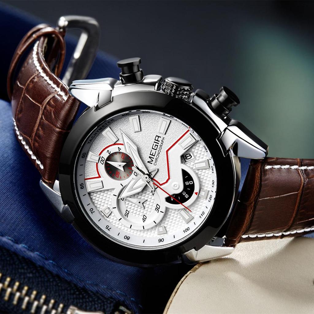 Megir Military Sport Watch Men Top Brand Luxury Leather Army Quartz Watches Clock Men Creative Chronograph