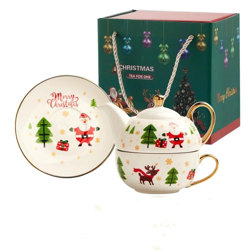 420ml Christmas Ceramic Gold-plated Teapot Cup and Saucer Set with Christmas Graffiti Coffee Flower Tea Set Christmas Gift
