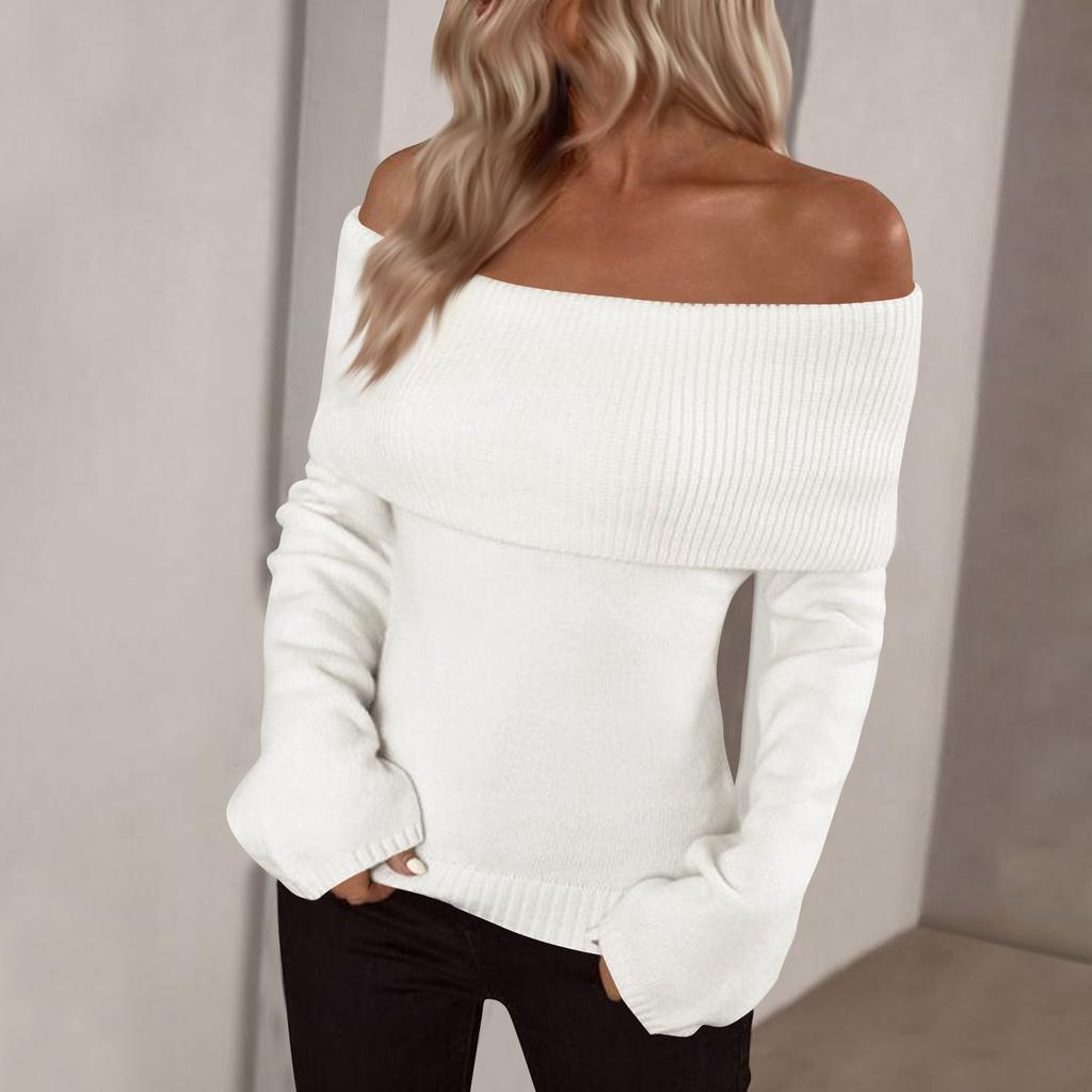 Пуловеры Джемперы Топы Женские С открытыми плечами Складной свитер Вязаные Осенние свитера