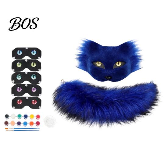 Soft Plush Tail for Cosplay DIY Therian Masque Kit, Furry Fox/Cat Animals with Customizable Costume Accessories Eye Mesh, Christmas Halloween