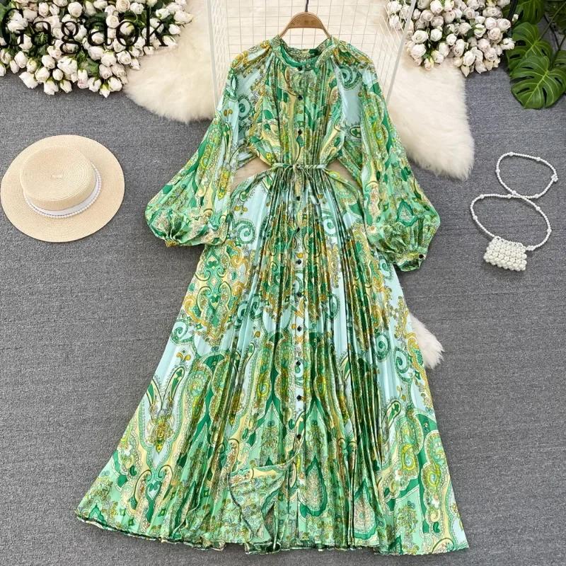 Платья Temperament Lantern Длинные рукава Круглый вырез Тонкий однобортный принтованное платье Элегантные винтажные шикарные женские платья