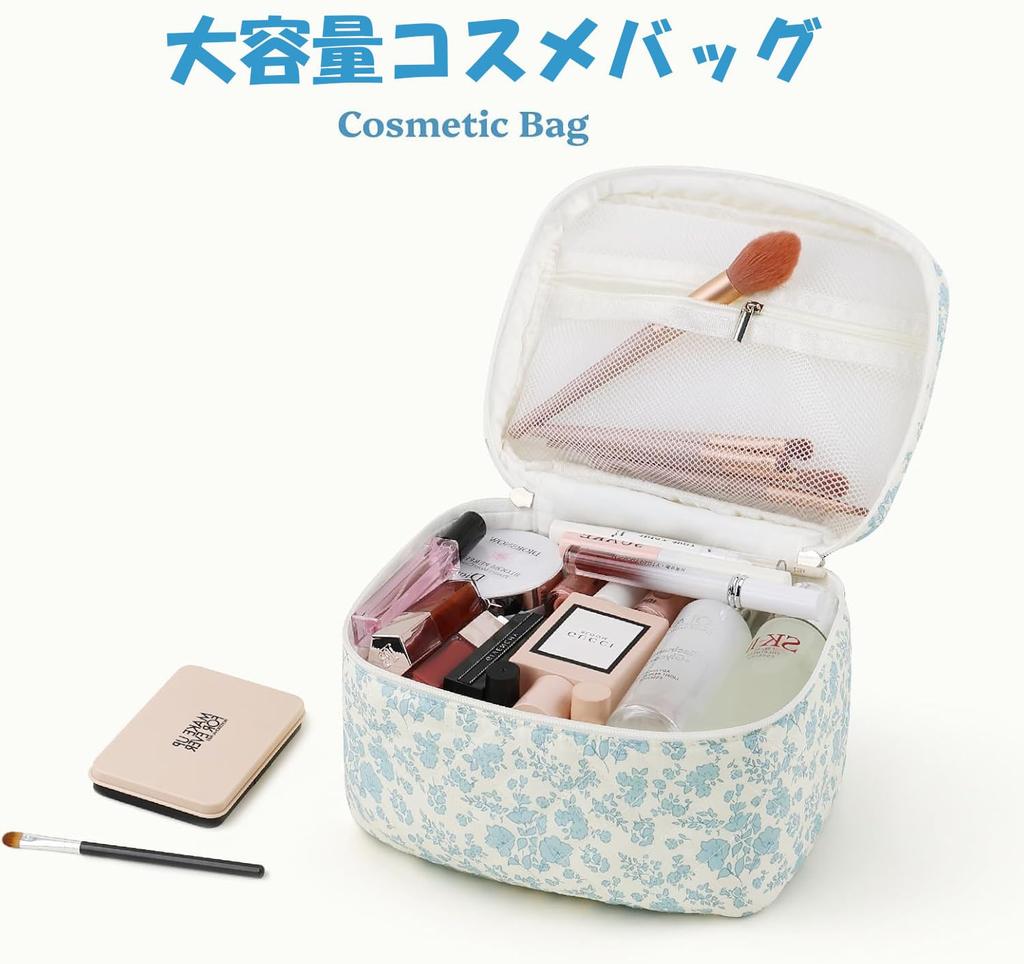 Large Capacity Makeup Pouch with Blue Floral Wide Travel Makeup Cosmetic Storage Print, Mouth, Storage, Multifunctional, Popular, Pouch, Stylish,