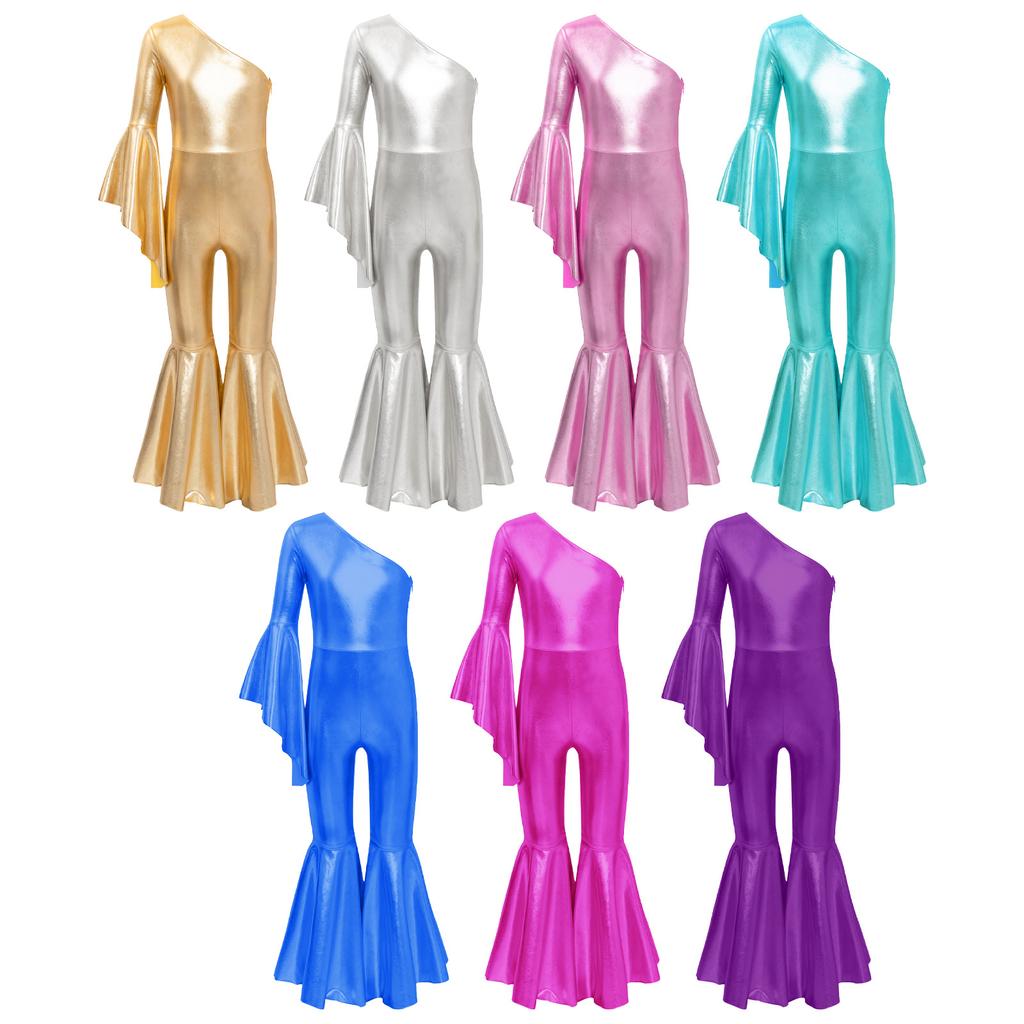 Kids Girls Leotard One Shoulder Flare Sleeve Bodysuit Jumpsuit for Dance Theme Party Stage Performance