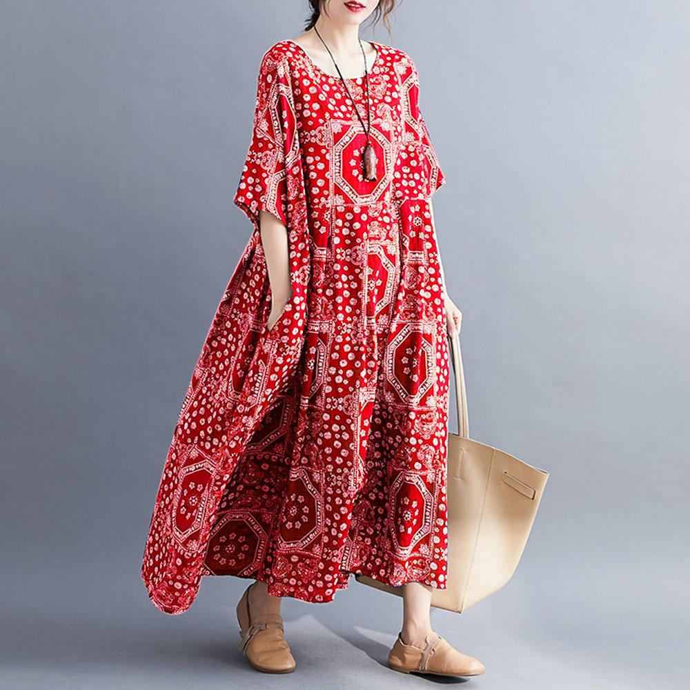 Vintage Women Cotton Linen Dress Print Spliced Striped O Neck Short Sleeve Pocket Loose Dress