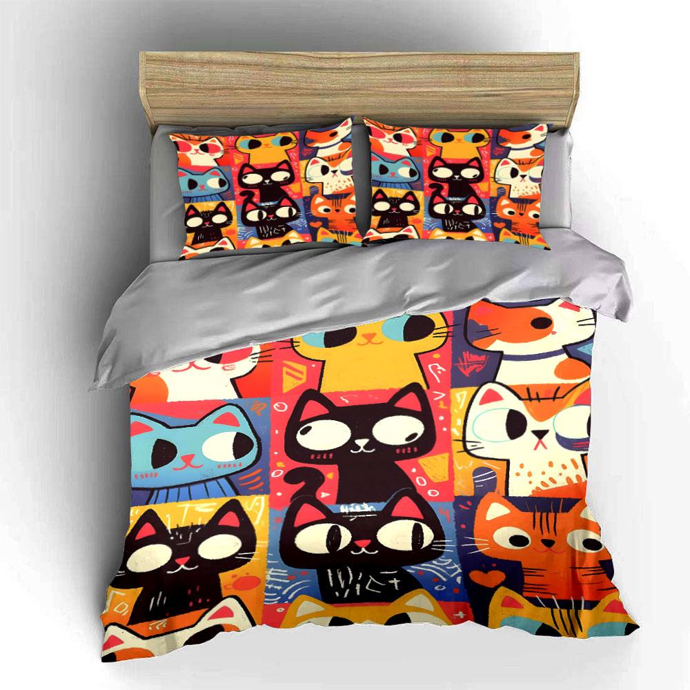 Colorful cartoon cat faces. Bedding sets Duvet cover sets Duvet covers Pillowcases(1 * Duvet Cover 2 * Pillowcases without duvet insert)