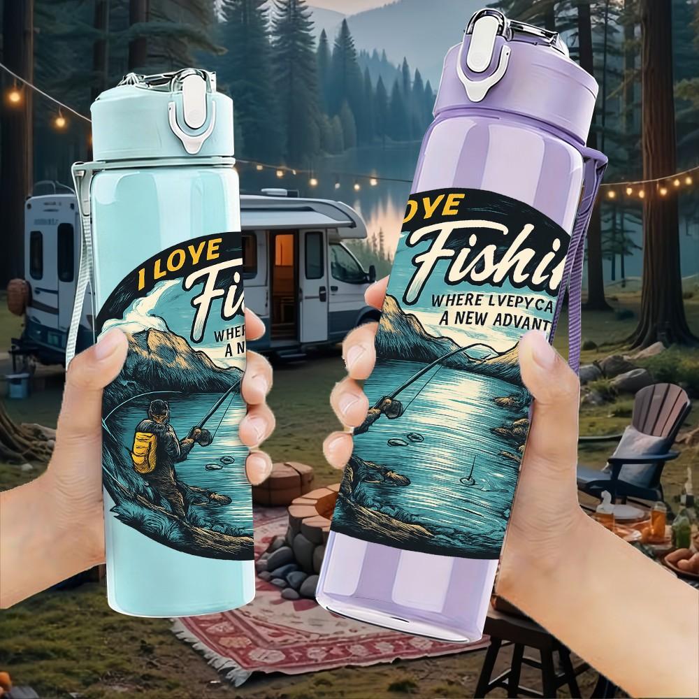 1PC Vintage Fishing Circle Art 750ml Color Plastic Sports Water Bottle Leakproof Flip Straw Lid Suitable for Sports Office Home Use