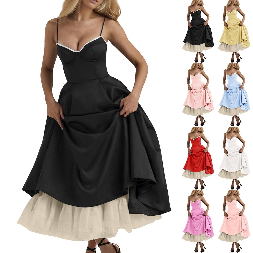 Женское модное однотонное платье принцессы с сеткой и двухслойным платьем на подтяжках