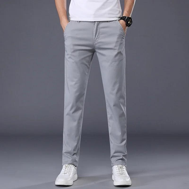 Летние Тонкие Мужские Повседневные Брюки Хлопок Цвета Классический Стиль Эластичные Прямые Узкого Покроя Деловая Мода Длинные Брюки Мужские