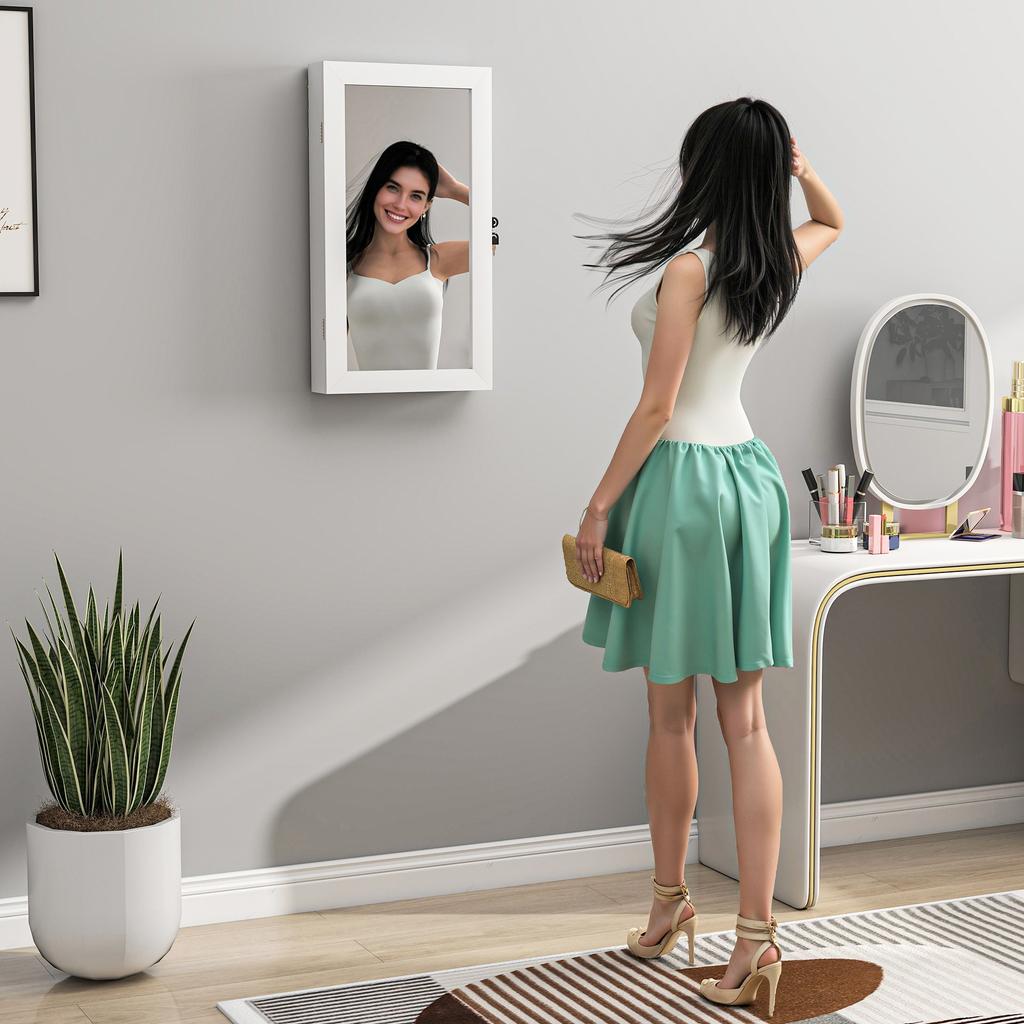 Jewellery Cabinet with Mirror with Wall Design and 2 Security Keys, in Wood, 36.5x9.5x67 cm, White