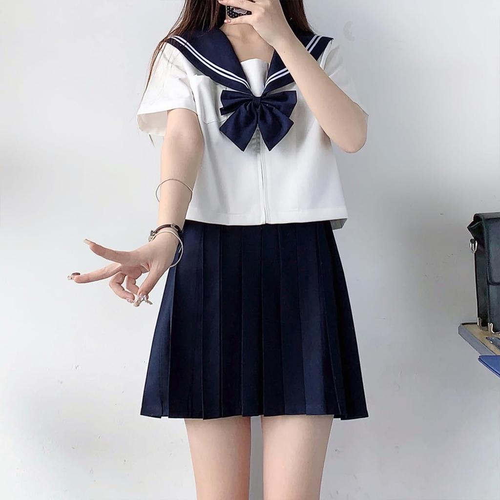 Sailor Navy Long Short High School Bow JK Top and Bottom School School Graduation Welcoming and Farewell Large Cute Sleeve [GSYCL] Uniform, Blue,