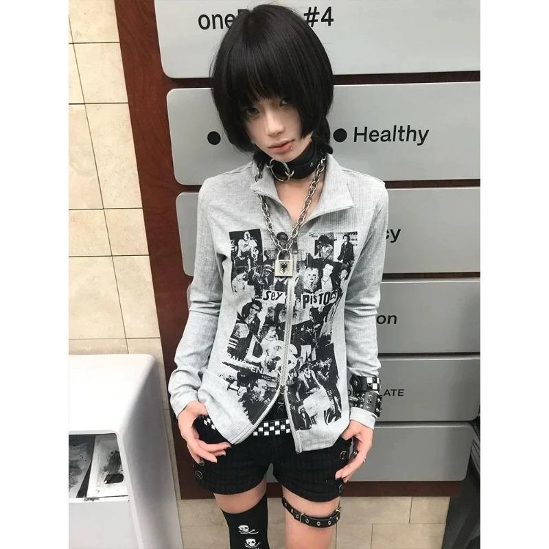 Y2k Harajuku толстовки женские американский ретро панк уличная одежда хип-хоп граффити принт молния толстовка осень