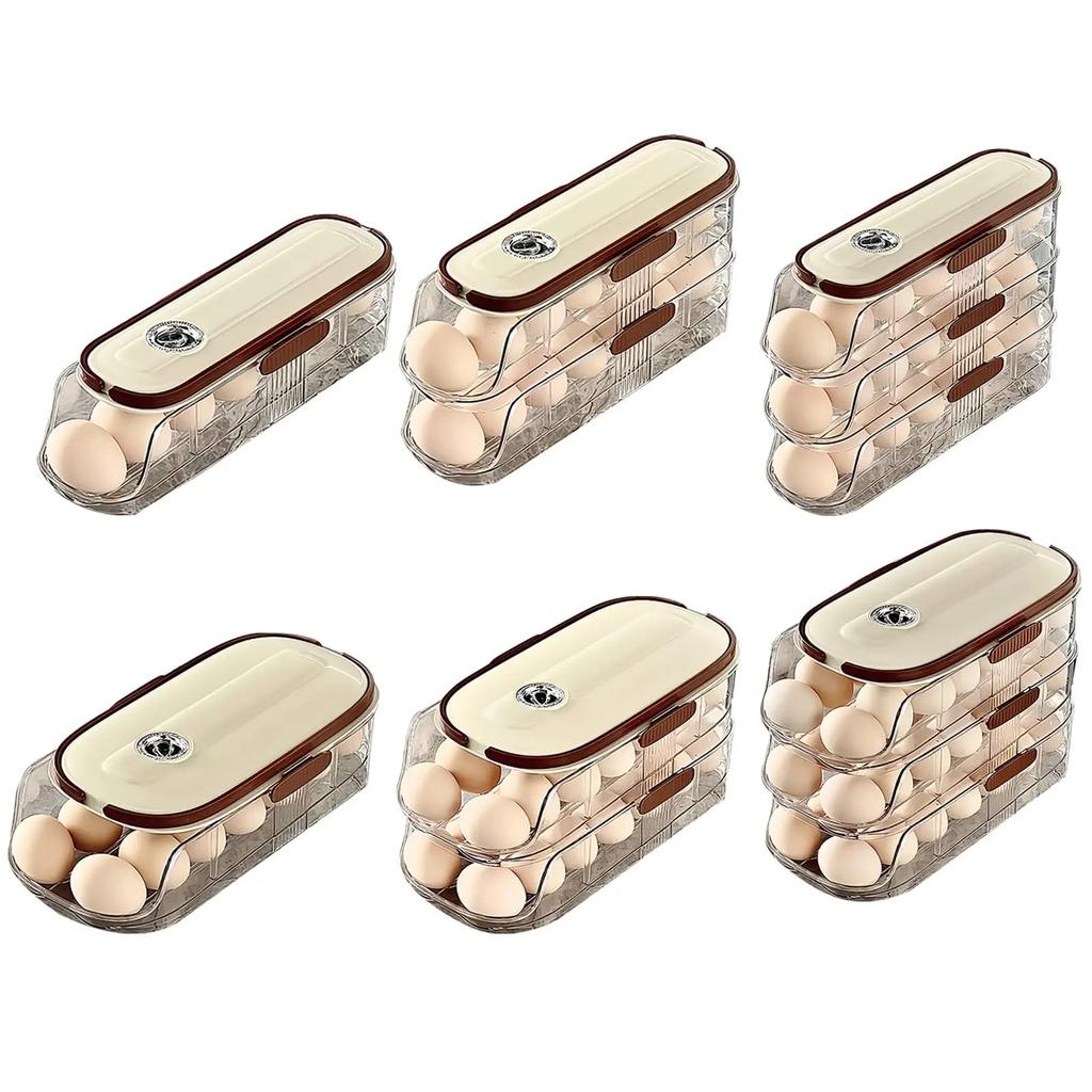 Egg Holder for Refrigerator Automatic Rolling, Storage Box Transparent Stackable Fridge Organizer with Lid For Kitchen DROPSHIP