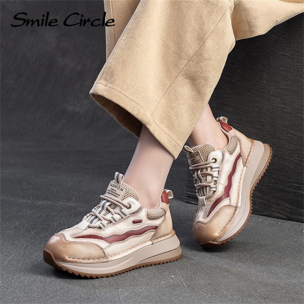 Женские кроссовки из натуральной кожи с круглым носком, увеличивающие рост, модные повседневные туфли на толстой подошве