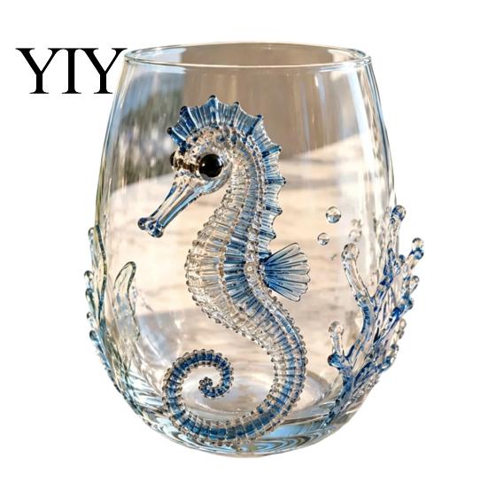 Artisan Crafted Marine Decor Cup 12oz Octopus Water Cup, Embossed Design, Hand Painted Style Transparent Motif Glassware Drinking for Ocean