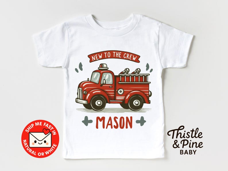 New to the Crew Firetruck Toddler Tee - Personalized Firefighter Kids Outfit - Baby Shower Gift