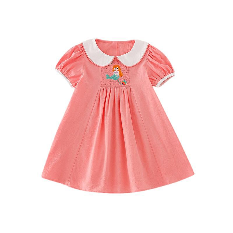 Girls Summer Mermaid Embroidered Dress Cute Doll Collar Short Sleeve Princess Dress For Baby Toddler Kids Clothing