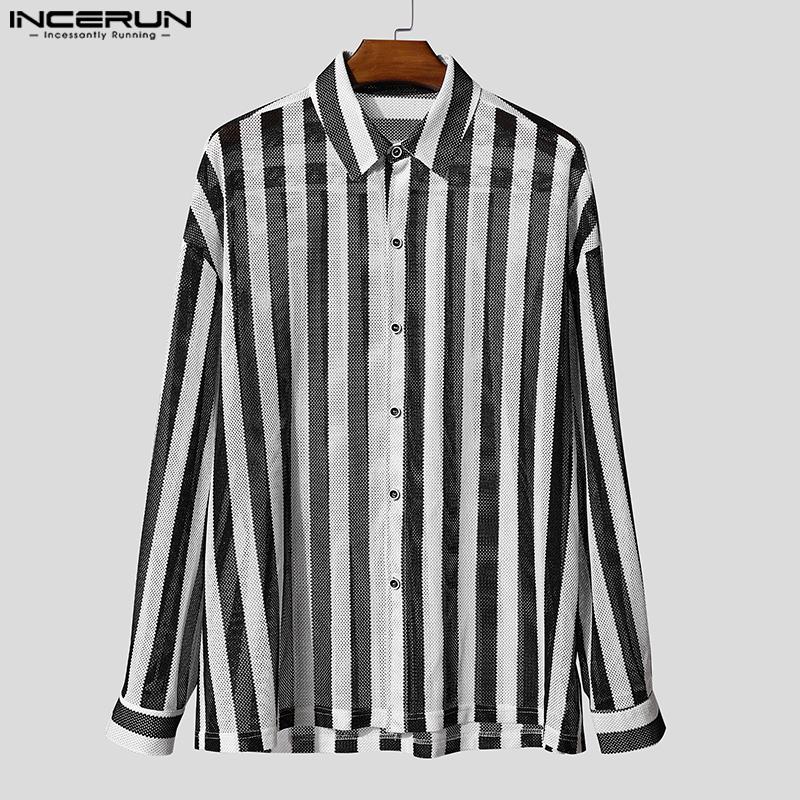 INCERUN Men Long Sleeve Lapel Neck Hollow Out Striped Print Casual Oversized Shirts Tops