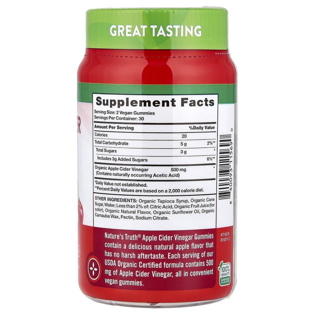 Nature's Truth Organic Apple Cider Vinegar Gummies, Natural Apple Flavor, 60 Gummies