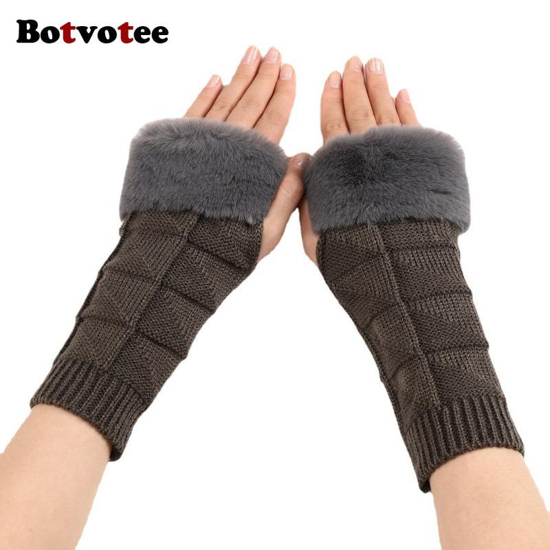 Botvotee Y2k Аксессуары Митенки Рукава для женщин Митенки Зимние вязаные с коротким рукавом Модные перчатки без пальцев
