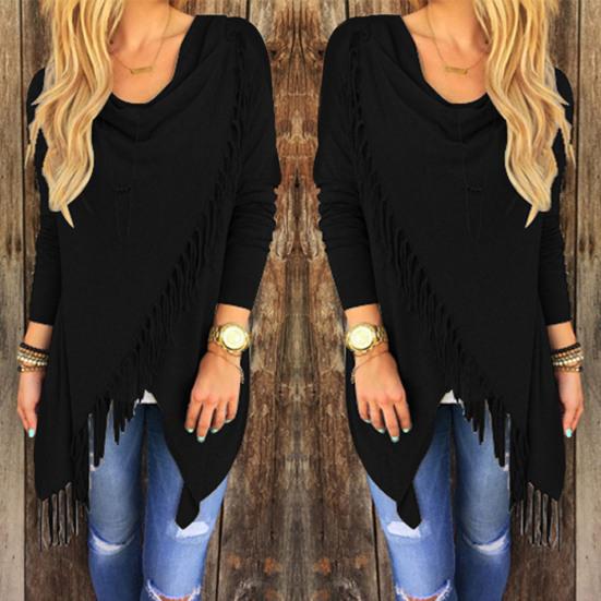 Женский кардиган-шаль с кисточками, пуловер с асимметричным подолом, пончо-пальто с бахромой, накидка с воротником-хомут, верхняя одежда