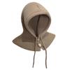 Hooded Scarf Hat Solid Color Adjustable Drawstring Pullover Hat Buttons Closure Knitted Winter Hat Loose Fit Neck Gaiter