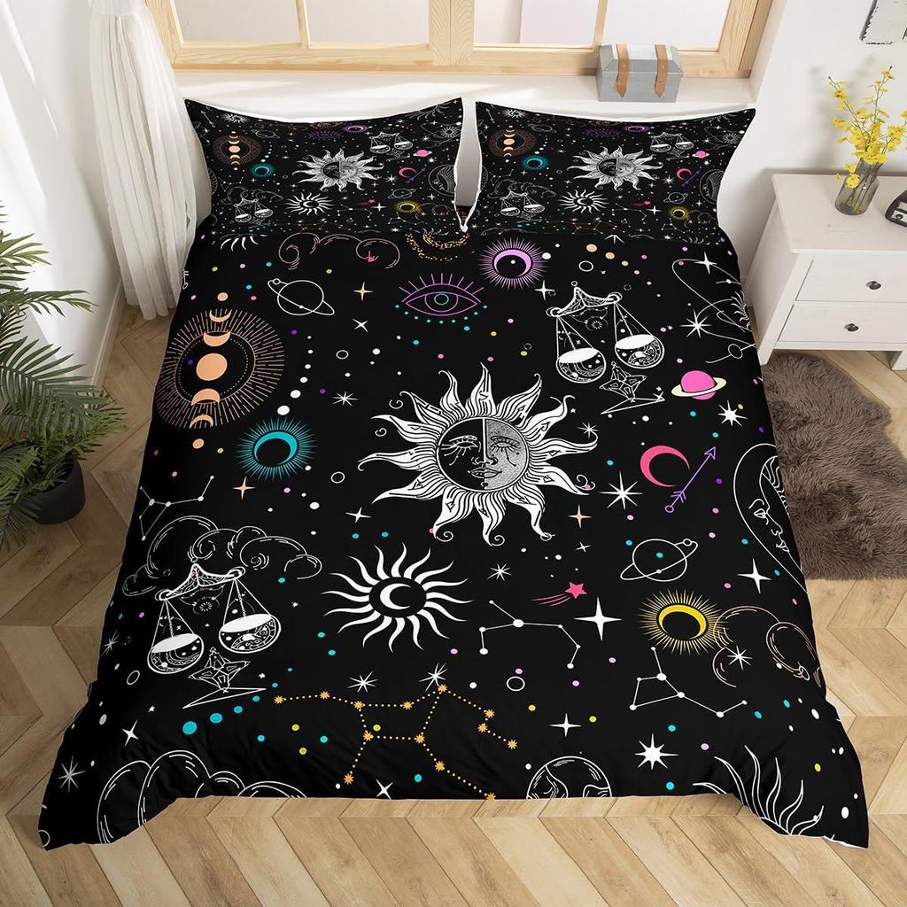 Пододеяльник Полумесяц Твин Психоделический Галактический Постельный Комплект, Созвездие Астрология Пододеяльник Мистические Звезды Туманность Постельный Комплект