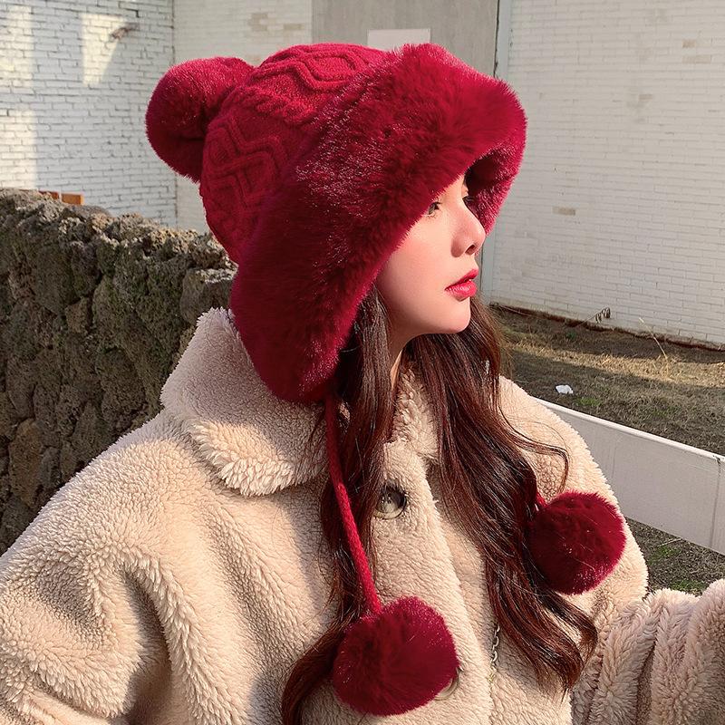 Women's Cashmere Hat Three Wool Balls Autumn Winter Cap Cute Fleece Thickened Warm Solid Knitted Hats