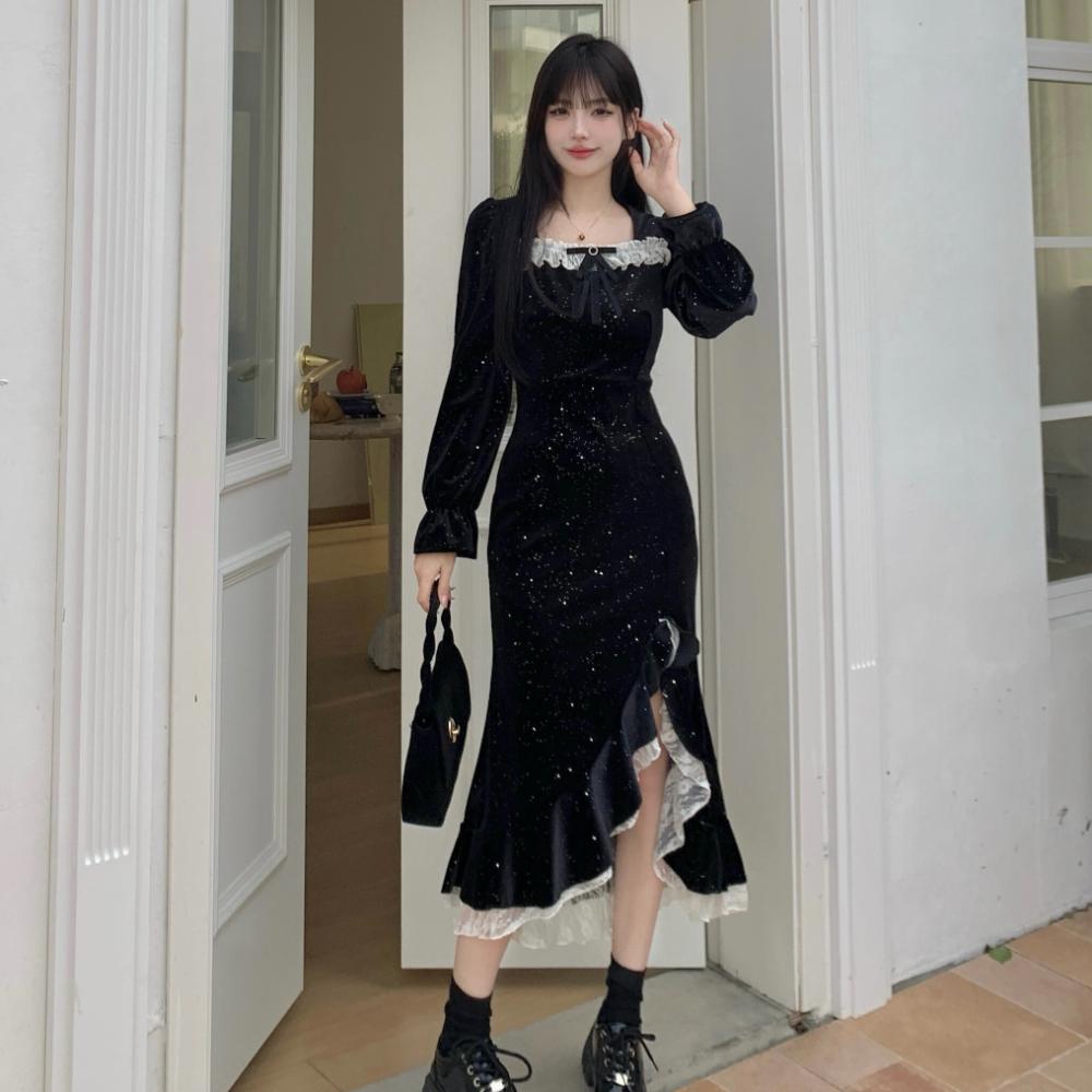 Женское весеннее винтажное вечернее платье, черные летние бархатные блестящие платья русалки, одежда в корейском стиле
