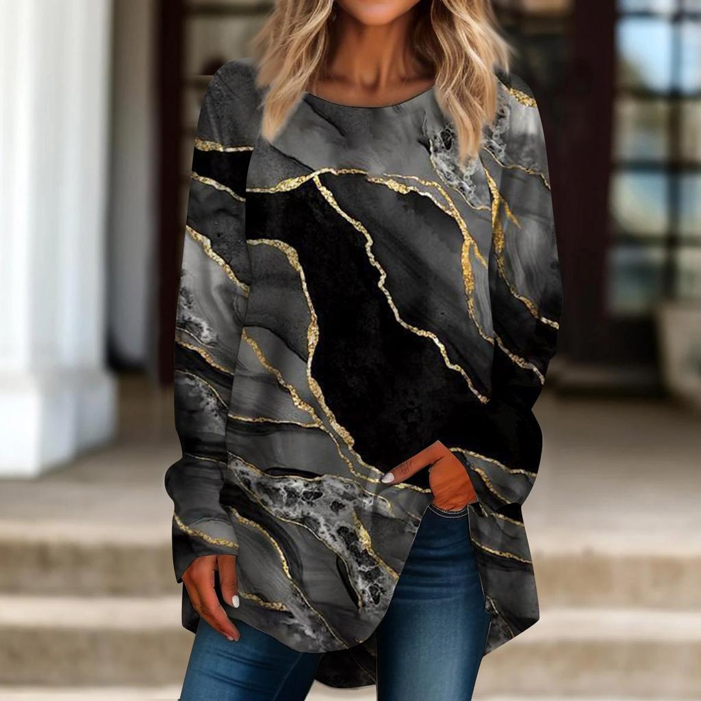 Женская повседневная футболка больших размеров с длинным рукавом и круглым вырезом в стиле ретро, ​​пуловер