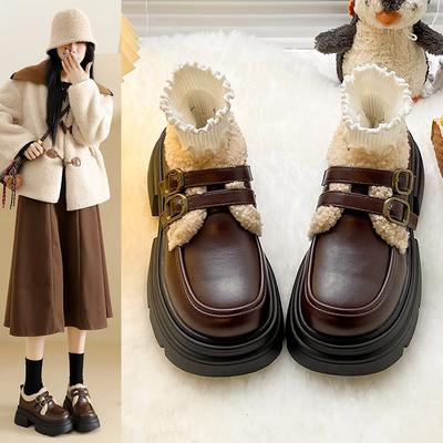 Зимние новые модные женские бархатные туфли на толстой подошве, теплые, из маленькой кожи