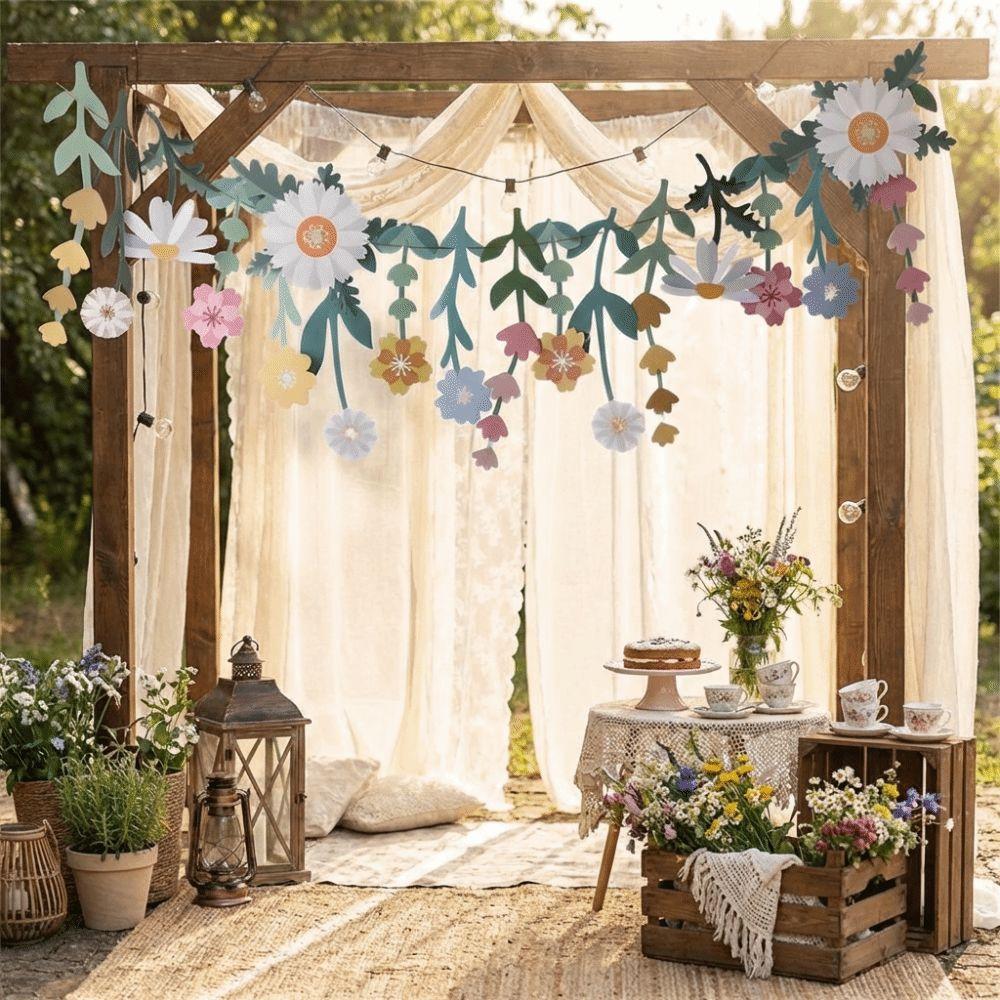Floral Leaf Flower Leaves Garland Double Sided Happy Birthday Banner Room Decoration