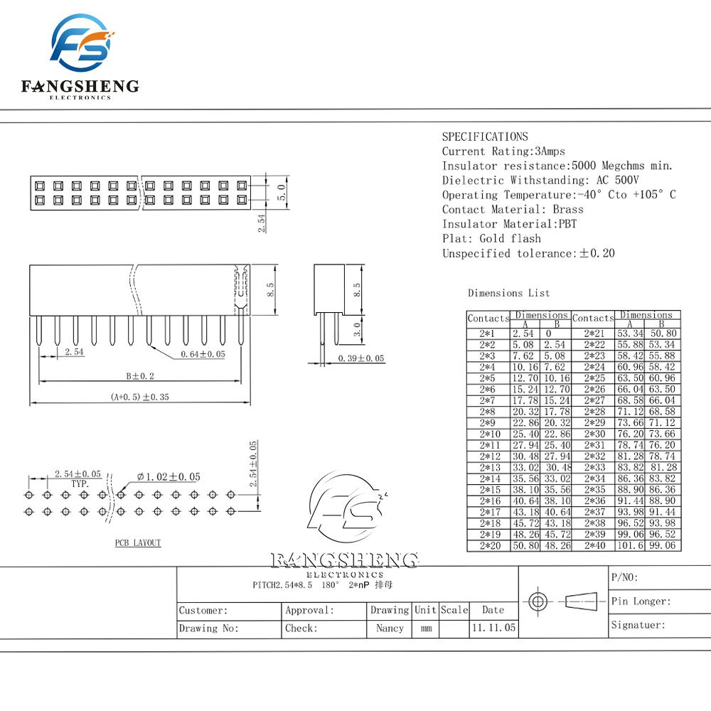10pcs 2.54mm Double Row Straight Female 2-40P Pin Header Socket Connector 2x2/3/4/5/6/7/8/9/10/12/14/16/18/20/25/32/40Pin 2.54mm