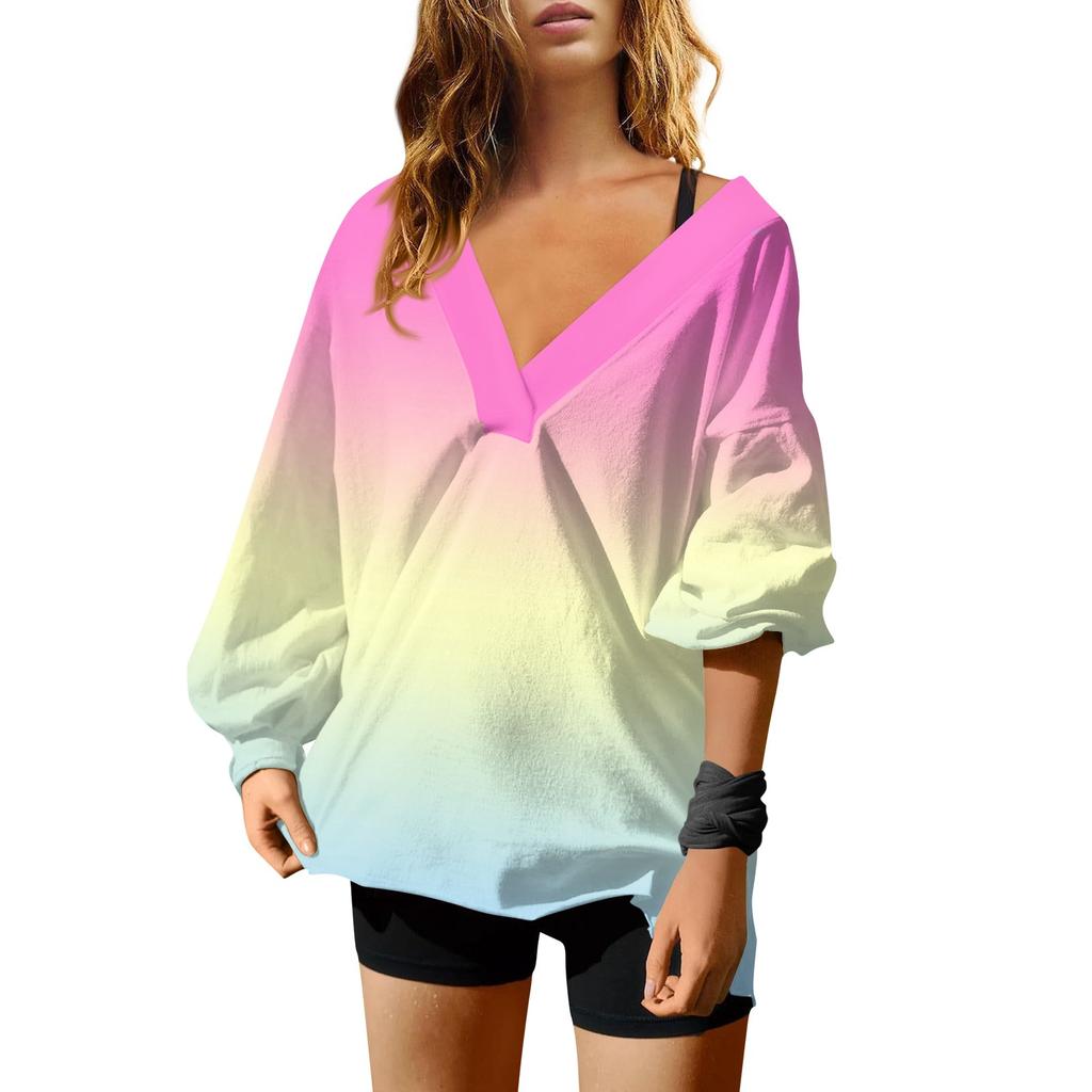 Женская мода градиентный цвет V-образный вырез длинный рукав свободный пуловер свитшот топ