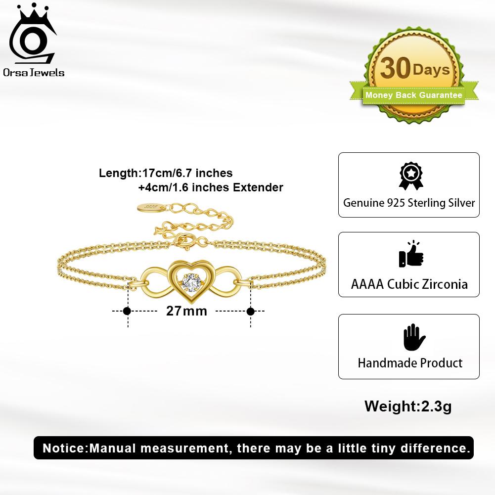 ORSA JEWELS Браслет-сердце из стерлингового серебра 925 пробы Модный двухслойный браслет-цепочка для женщин Девушек Мамы Лучший подарок на день рождения SB135