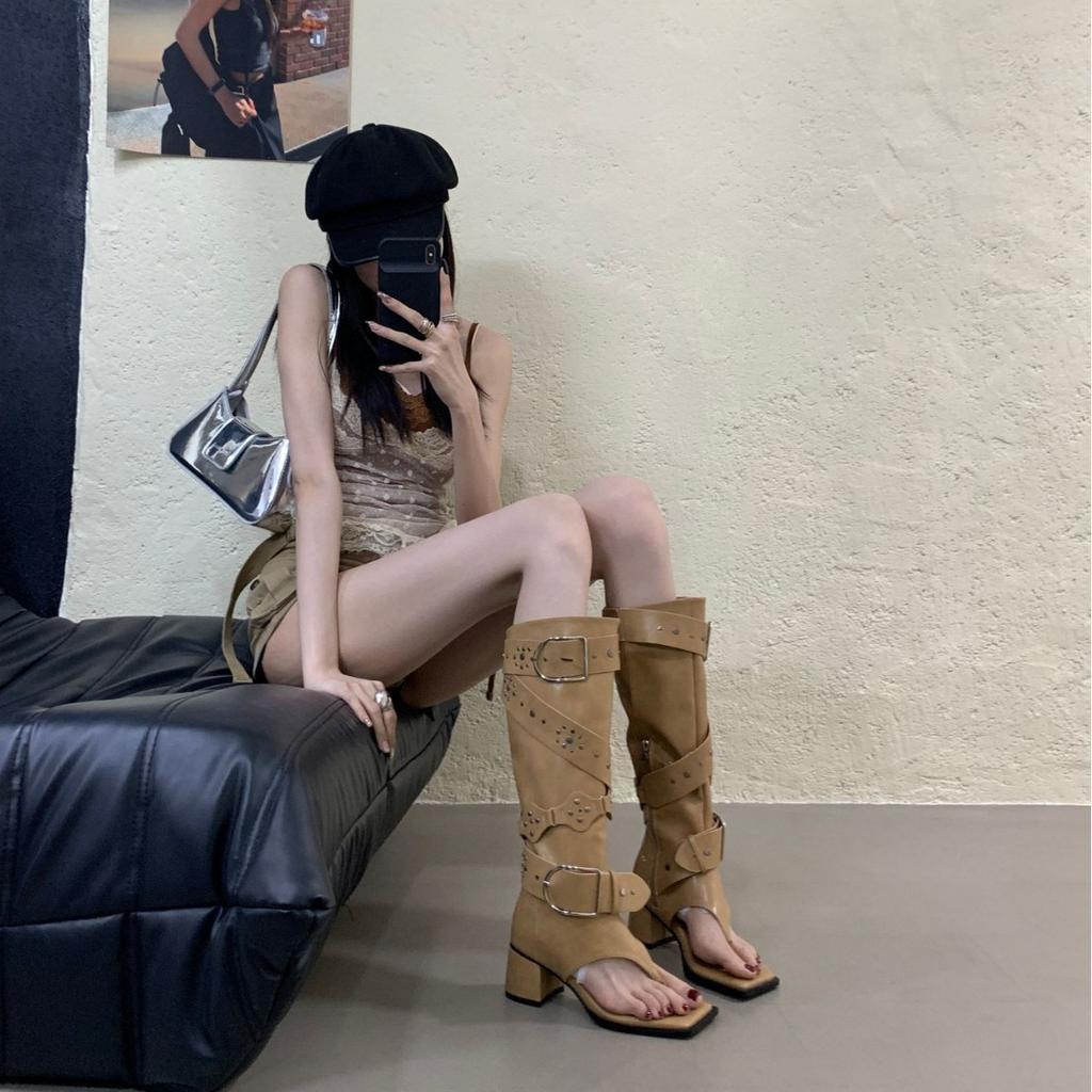 2025 Summer New Spice Girl Fried Street Toe Herringbone Cool Boots Women's Thick Heel Diagonal Long Boots Trouser Boots Western Boots