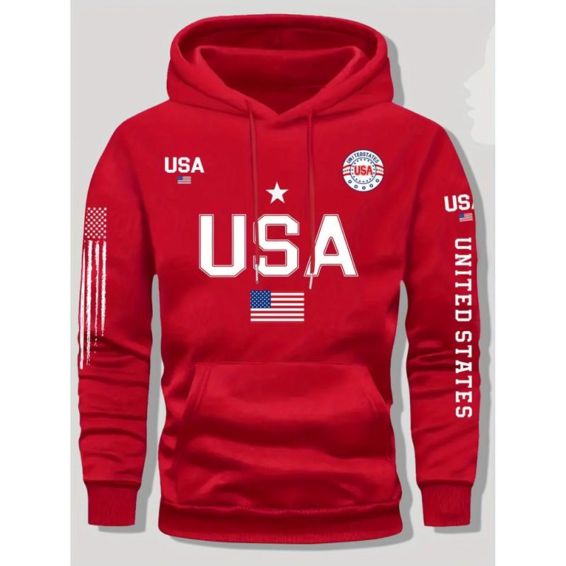 Mens Oversized Hoodie With USA Print Casual Long Sleeve Sweatshirt Fall