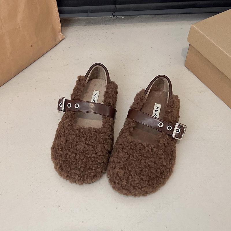 Плоские осенние и зимние туфли из плюша, женская обувь, новинка 2024 года, французские туфли Мэри Джейн для вечернего ветра Doudou single