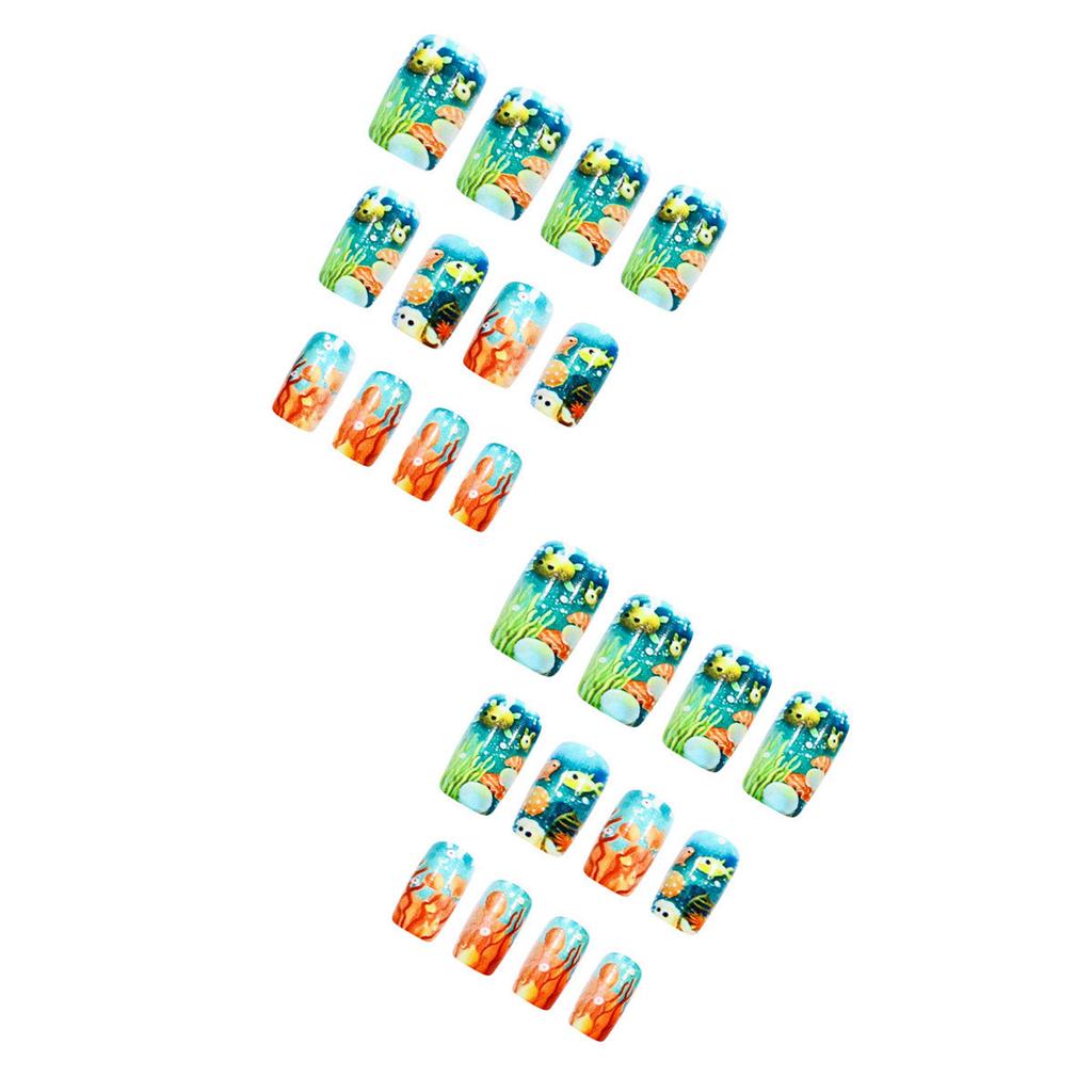 24PCS Colorful Square Fake Nails with Fish Print Prevailing Natural Look Press-On Nail Sets for Shopping Traveling Dating