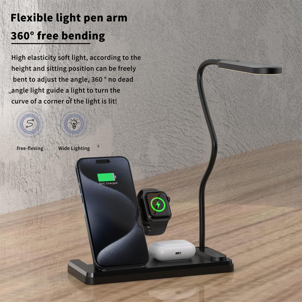 HT-503 Folding 15W Wireless Charger for Phone/Watch/Earbuds with Touch Control LED Table Lamp
