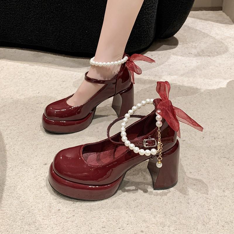 Women Summer New Mary Jane Shoes Thin Strap Leather Buckle Fashion Solid High Heels Elegant Party Thick Sole Dress Shoes