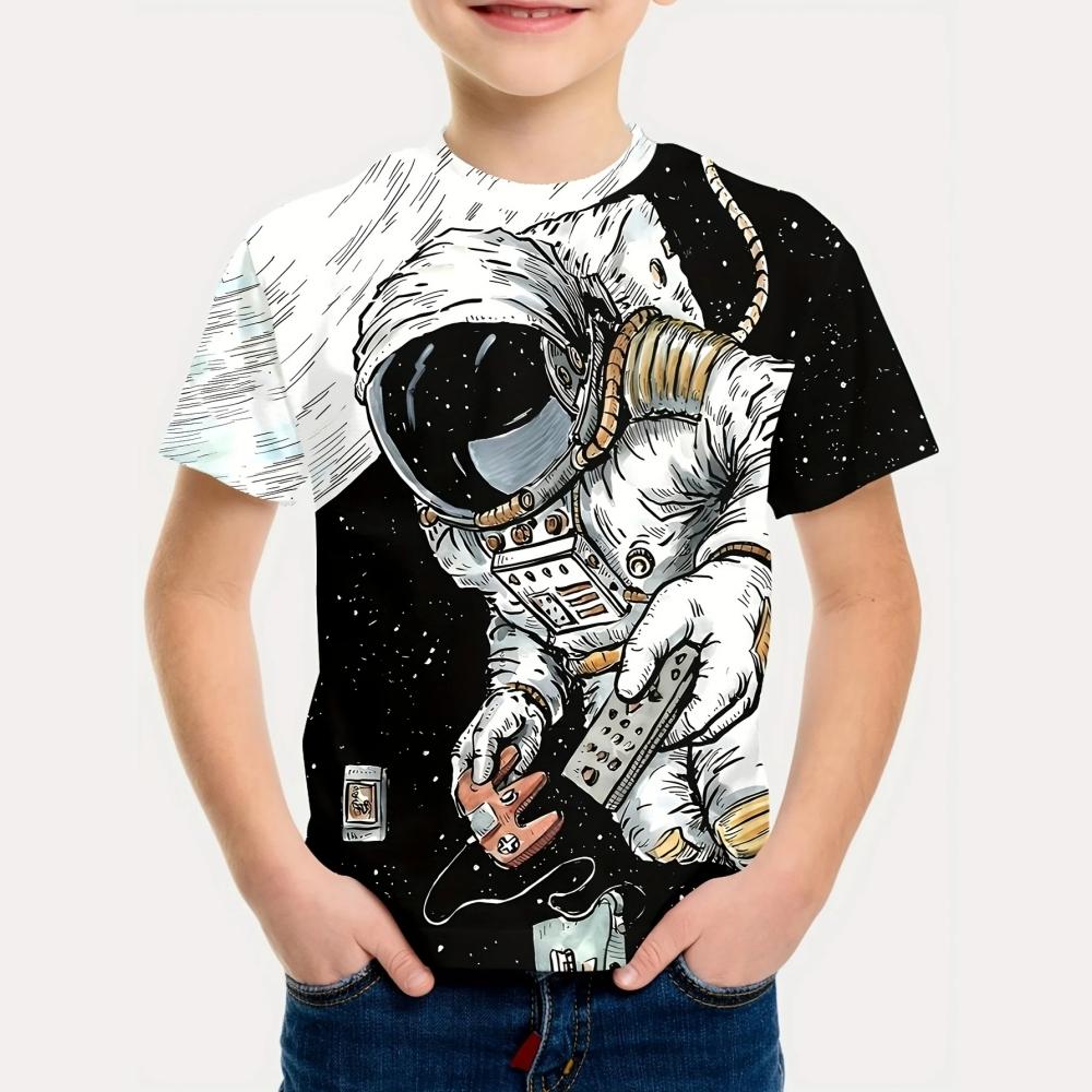 Summer Round Neck 3D Printed Cartoon Astronaut Pattern Top Fashionable Casual Short Sleeved Children's Boy T-shirts