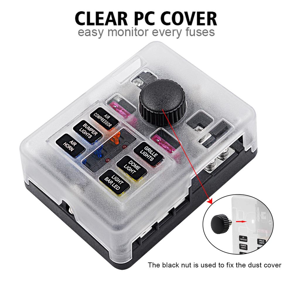 Waterproof 12 Volt Fuse Block, 6 Way with 6 Ground Negative Busbar[100 Amp Max] [ATC/ATO Fuses] [LED Indicator] [2 Spare Fuse Slots] for Car Boat Etc.