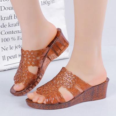 Новинка 2024 года, летние сандалии, женские сандалии на высоком каблуке из пластика с кристаллами, женские сандалии на толстой подошве, уличные нескользящие универсальные сандалии на каблуке